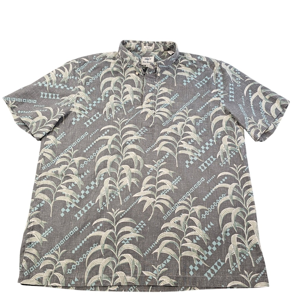 Reyn Spooner Art of Eddy Y Popover Shirt XL Grey Teal Tropical Tribal Limited